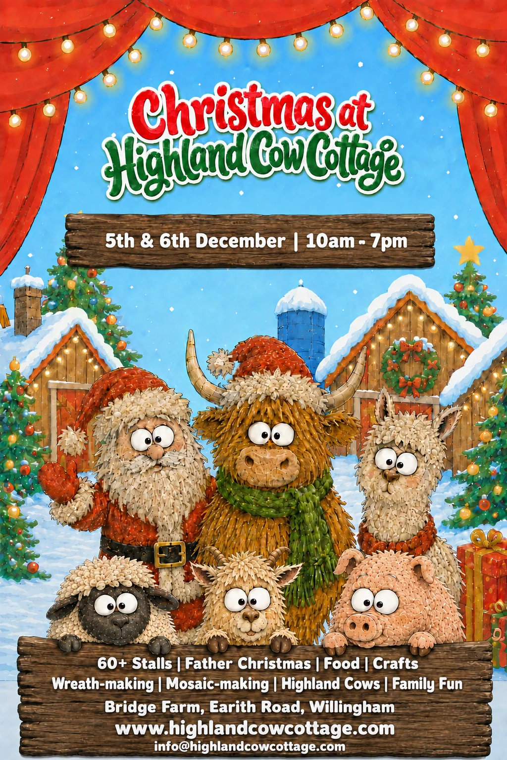 Illustrated poster for Christmas at Highland Cow Cottage on 5 and 6 December in Willingham, showing Santa Claus, a Highland cow in a Christmas hat, farm animals, and festive market stalls.
